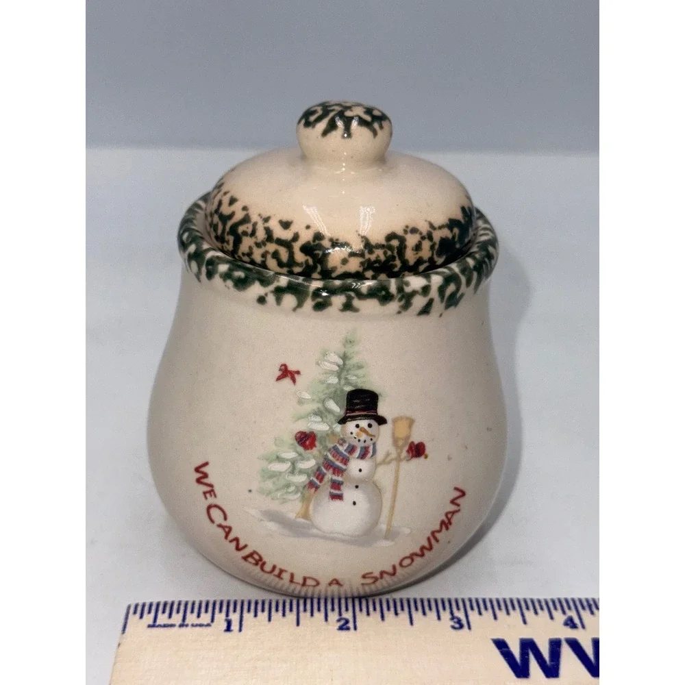 Unbranded Snowman Jam Jar Holiday Cream Green Excellent Stoneware Lidded Pot